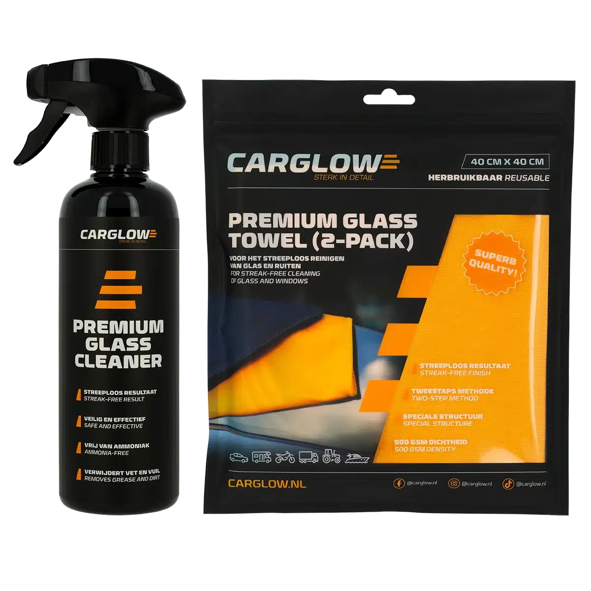 CARGLOW Premium Glass Care Set met Glass Cleaner en Glass Towel 2-pack